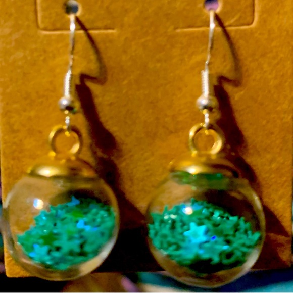 Earrings. Clear Ball with Turquoise color stars. - Picture 1 of 1